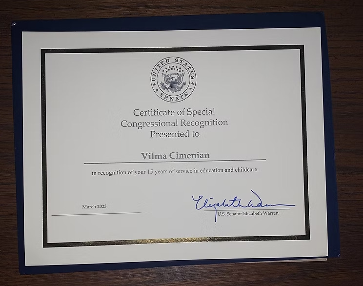 Recognition from Senator Elizabeth Warren